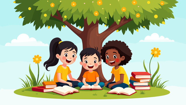 Three happy children reading books under a tree with flowers and grass, outdoor learning and friendship concept in nature.