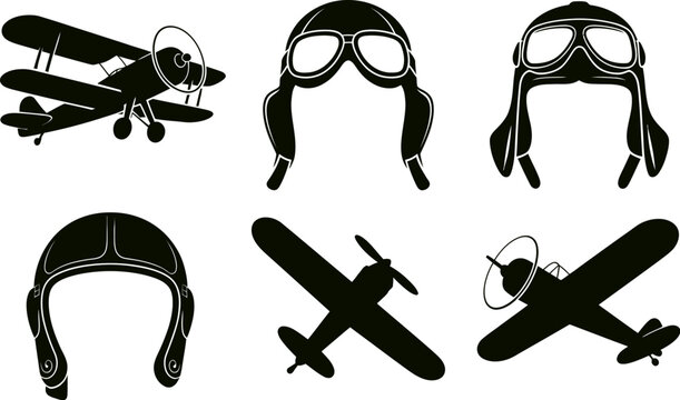 Vintage aviation airplane pilot helmets and planes vector graphic design elements silhouette collection editable stock vector illustration