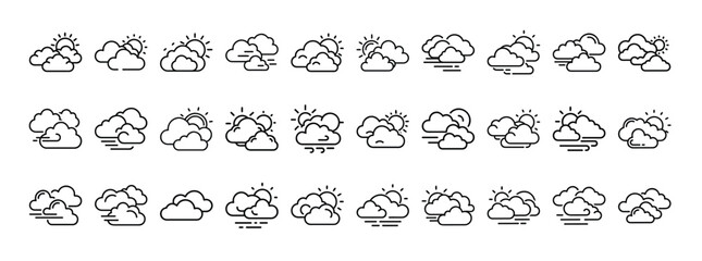 Weather line icon set with editable stroke. Simple outline collection of meteorology symbols. Forecast icons. Vector illustration.  