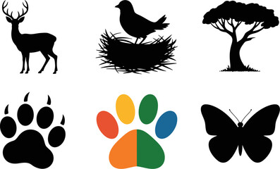 Vector art wildlife silhouette collection deer bird nest tree paw butterfly design nature icons set 100 editable stock vector illustration