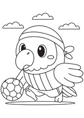 Coloring book parrot wearing a headband and striped shirt, happily playing with a soccer ball under fluffy clouds