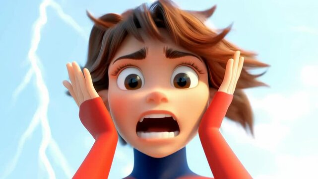 Cartoon character woman showing different expressions of fear and panic