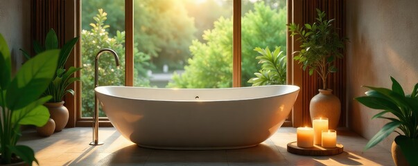 Relaxing bath scene with natural elements like wood, plants, and candles A calming and serene atmosphere perfect for spa or wellness imagery Focus on textures and natural light , natural, shadows
