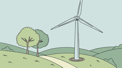 Illustration of a wind turbine on a green hill with trees and a path under a light blue sky landscape
