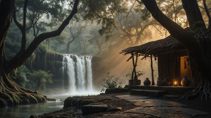Serene off-grid jungle retreat with waterfall sanctuary and traditional shelter at golden hour