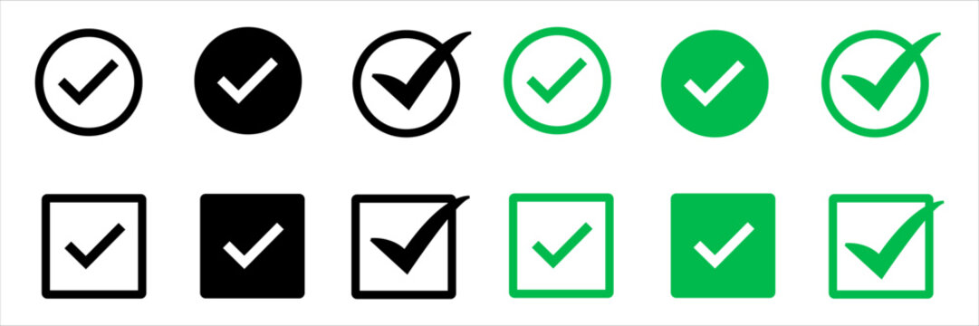 Set of verification badges with checkmarks in various colors and shapes. Vector flat icons for approved, trusted, certified, or verified identity and social media status UI design.