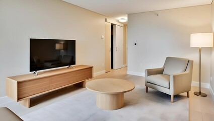 Fototapeta premium Modern condo living area with low teakwood TV console, round coffee table, and light leather armchair in neutral tones, stylish and clean design 