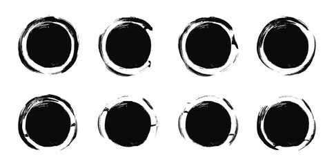 Vector illustration black ink circles, Japanese enso symbols, grunge calligraphic circular smears, round brush strokes, paintbrush line borders, watercolor swirl lines, artistic brush texture.