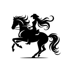 Artistic western silhouette logo of skilled cowgirl maintaining perfect balance on rearing horse with dramatic flowing hair
