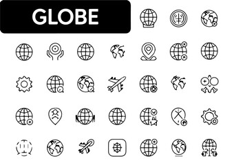 A set of minimalist globe and travel-themed line icons arranged in rows on a white background, featuring globes, airplanes, gears, location pins, and network symbols in black outline style.