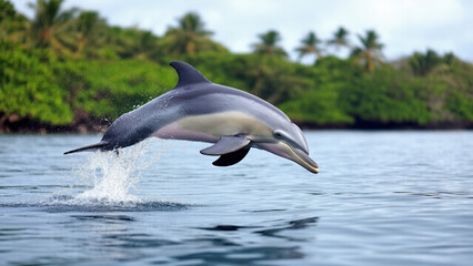 Fototapeta premium A graceful dolphin leaps joyfully out of the crystal-clear ocean waters near a lush tropical island, capturing the beauty and freedom of marine wildlife in nature.