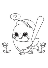 Coloring book parrot wearing a baseball cap, happily holding a bat 