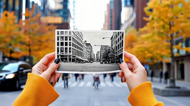 Woman holding a black and white vintage photo of a city street, comparing it to the same modern street view during autumn