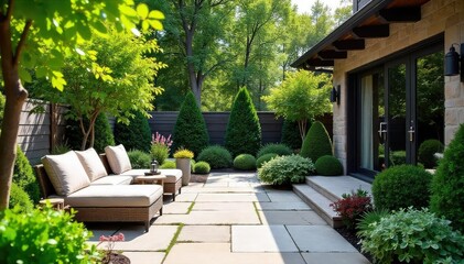Obraz premium Serene patio landscape design featuring lush greenery, elegant stonework, and comfortable seating Perfect for relaxation and outdoor entertaining , modern, cozy