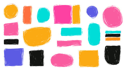 Vector illustration of cute rounded and square torn paper forms, hand drawn wobbly line frame shapes, vibrant sketchy curved rectangles, circles, arches, kids sticker, loose edges backgrounds.