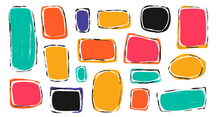 Vector illustration with hand drawn wobbly line frames, cute rounded and square torn paper forms, sketchy curved rectangles and arches, information box, kids sticker, loose edges.