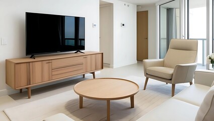 Modern condo living area with low teakwood TV console, round coffee table, and light leather armchair in neutral tones, stylish and clean design
