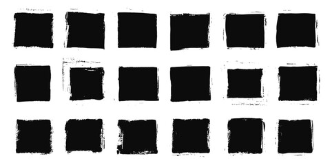 Set of vector illustration with grungy ink brush stroke squares, black abstract shapes, rough edge frames, distressed textured rectangles, punk style design, artistic grunge backgrounds.