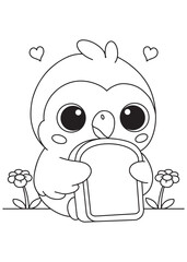 Coloring book parrot happily munching on a slice of toast, surrounded by sweet flowers and heart bubbles