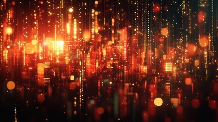 Fototapeta premium Abstract digital city scene with glowing structures and particles.