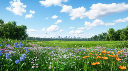 Obraz premium Vibrant countryside meadow filled with colorful flowers, lush greenery, and clear blue sky, creating serene atmosphere