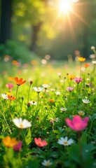 Fototapeta premium Sun-drenched meadow bursting with vibrant wildflowers and lush green grass, sparkling with morning dew A tranquil scene perfect for relaxation and springtime joy , rural, plant