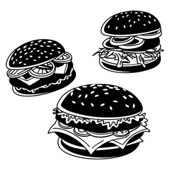Tasty burger vector set with adjustable line weight featuring grilled fast food hamburgers, cheeseburgers, buns, and toppings