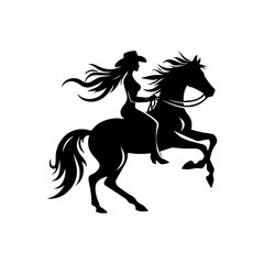Graceful cowgirl with flowing hair and hat, skillfully riding a rearing horse, captured as a dynamic black silhouette illustration. Western concept