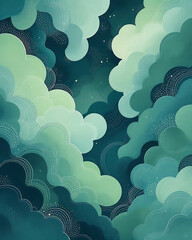 Dreamy abstract composition with misty green hues and cloud like patterns in ukiyo e style.
