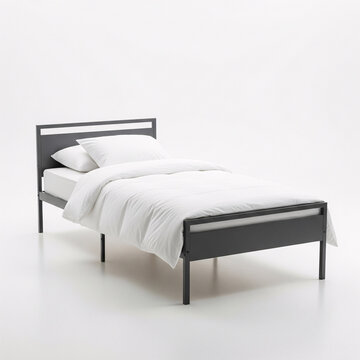 A minimalist single bed with a metal frame and white bedding, creating a clean and modern image