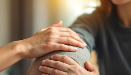 Support and compassionate gesture with gentle hand on shoulder in warm lighting.