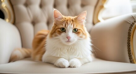 A fluffy orange and white cat is resting on a fancy white chair with ornate gold trim details