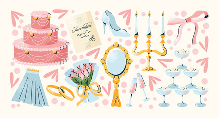 Wedding celebration stickers set cake, rings, bouquet, invitation, bridal veil, champagne glasses, mirror, shoes, and bow. Flat vector isolated illustration. Wedding ceremony romantic event concept