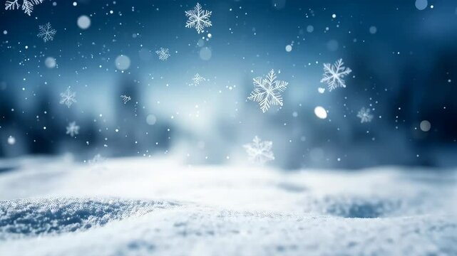 Delicate snowflakes falling gently on a serene snowscape with a blurred winter forest backdrop, creating a peaceful seasonal scene