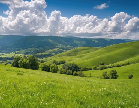 Rolling green hills under a cloudy sky