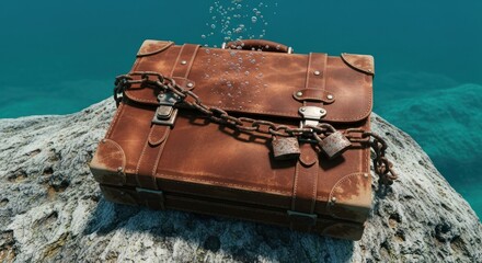 Leather suitcase chained and locked underwater resting on a rock with bubbles rising above it