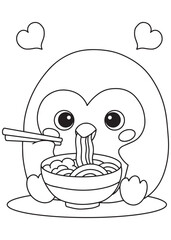 Coloring book kawaii penguin happily enjoying a bowl of ramen noodles with chopsticks