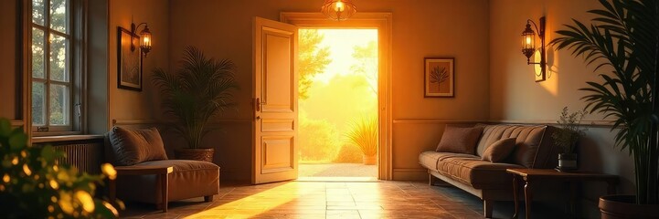 A brightly lit, welcoming open doorway reveals a sun-drenched interior, promising warmth and comfort Perfect for themes of hospitality, new beginnings, and opportunity , interior, optimism, sun