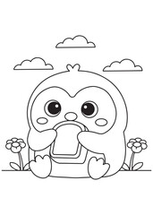 Coloring book penguin happily munching on a slice of toast, surrounded by sweet flowers and fluffy clouds