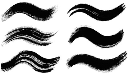 Thick brush stroke waves, wavy ink lines, black hand drawn Asian calligraphy, Japanese and Chinese calligraphic squiggles, wide textured flow lines, vector illustration.