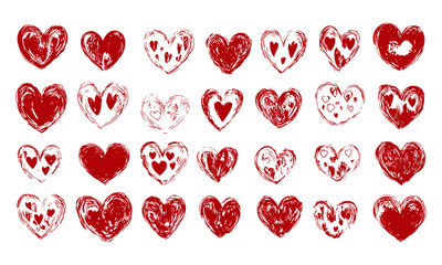 Valentine's day sketch, red doodle hearts set, quirky grungy ink brush pen, hand-drawn love symbols, vintage heart shaped grunge design elements, vector illustration, romantic art.