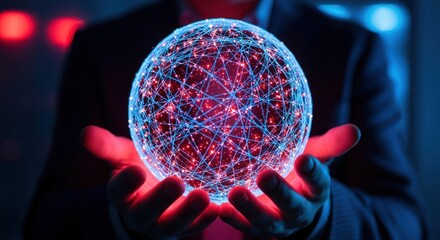 Person holding a glowing sphere with interconnected lines in a dark environment with red and blue lights