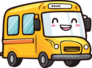 Happy Kawaii School Bus - Cute Cartoon Transportation Icon