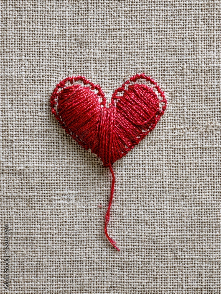 Poster red thread beautifully stitched into heart shape on textured linen background creating a heartfelt d