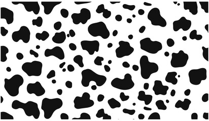 Vector cow seamless pattern, black and white animal skin texture background, milk farm dairy illustration, cartoon irregular spots wallpaper, surface design, vector illustration.