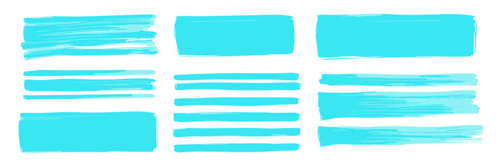 Vector illustration light blue highlighter set, hand drawn brush pen, cyan highlight strokes, turquoise marker stripes, underline emphasize, simple text frames, office supplies.