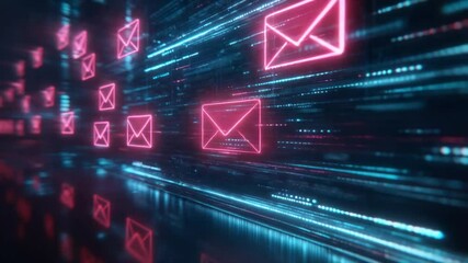 Abstract glowing email symbols. Neon pink and teal email icons overlaid on a dark background of digital data streams - Powered by Adobe