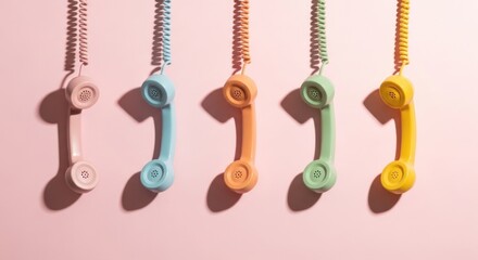 Five pastel colored vintage telephone handsets hanging against a light pink background in a row