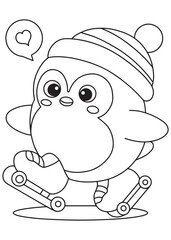 Coloring book penguin wearing a cute beanie, happily roller skating with a sweet heart bubble