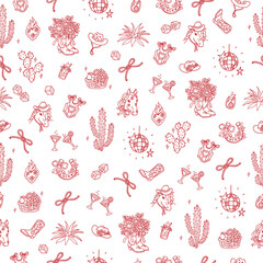 Seamless pattern with cowboy design elements. Trendy Wild West background for wedding, holiday, cowboy party. Rustic boho aesthetics with good luck symbols, plants, party objects, desert